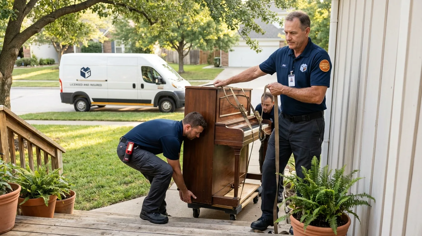 Licensed piano movers securing grand piano in Lone Jack, MO